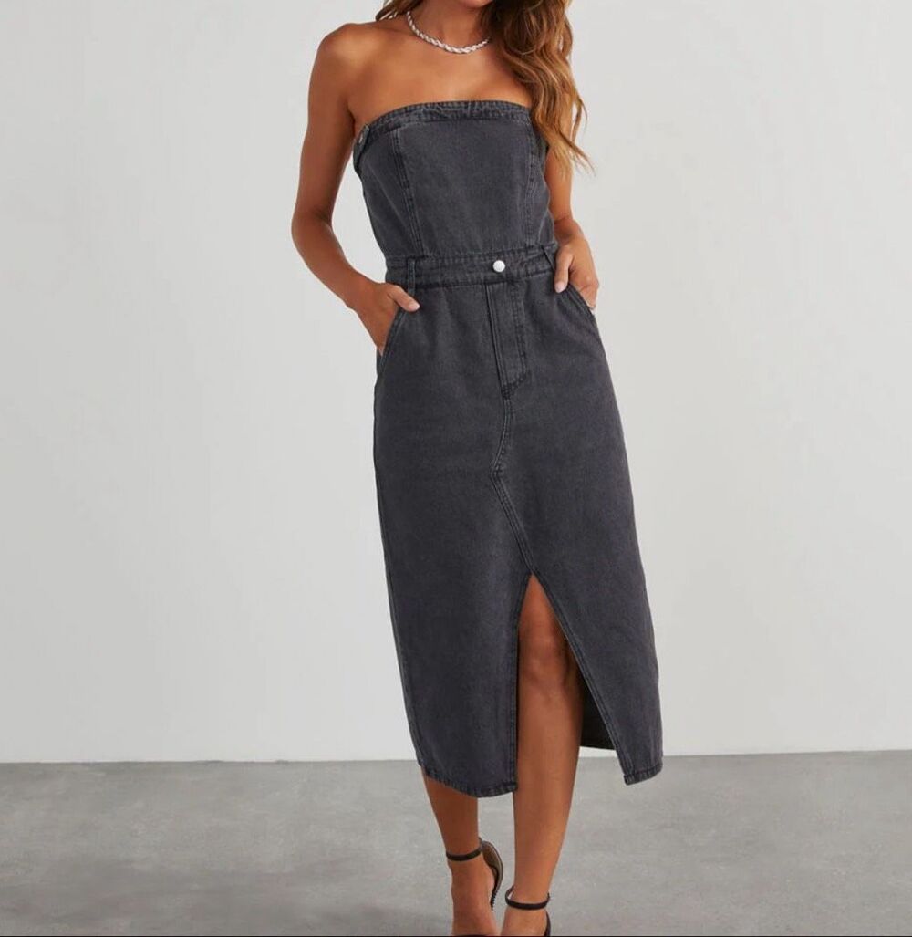 Blue Blush Strapless Denim Midi Dress washed dark grey size S